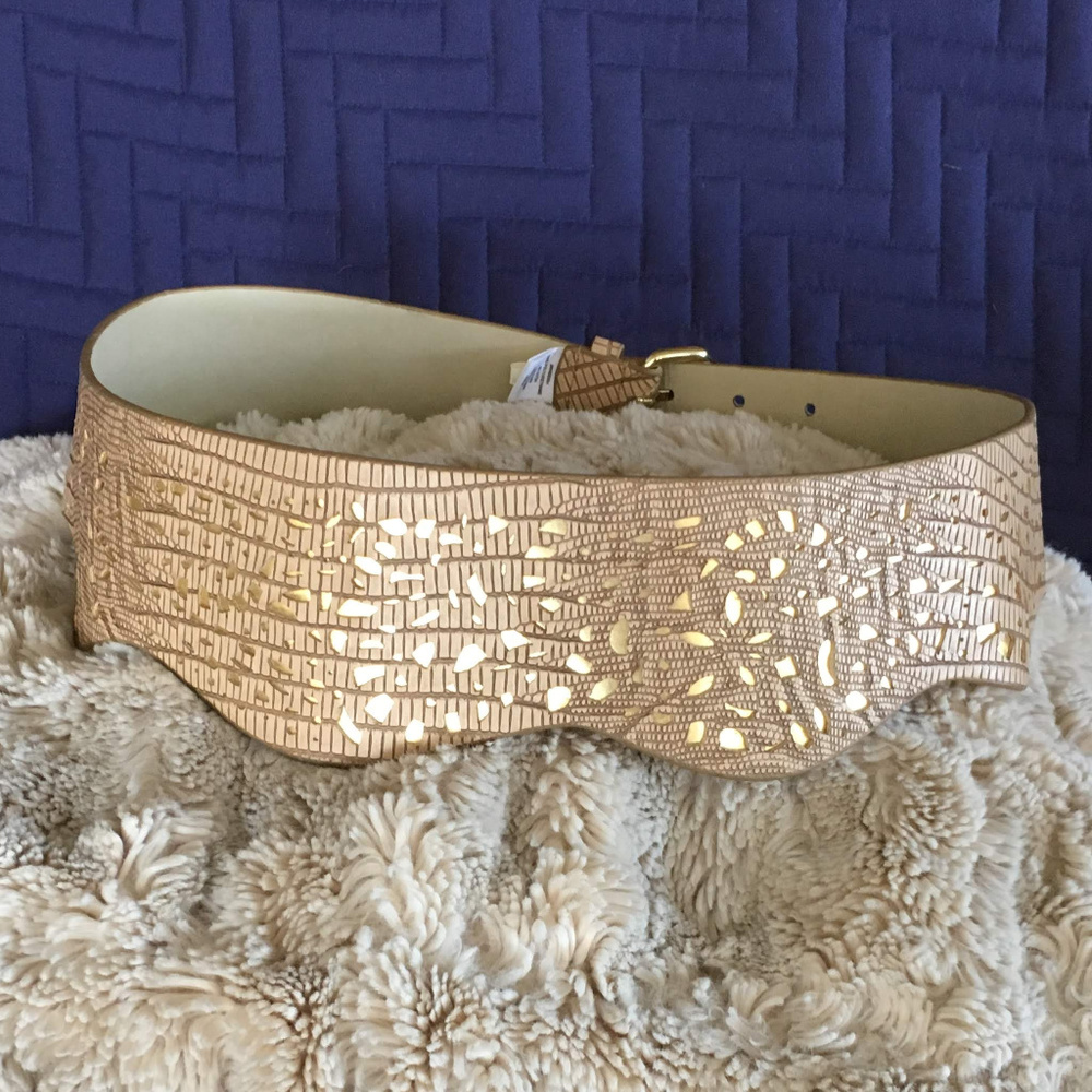 BCBGMaxAzria: Wide Tan w/ Gold Cutout Accent, M